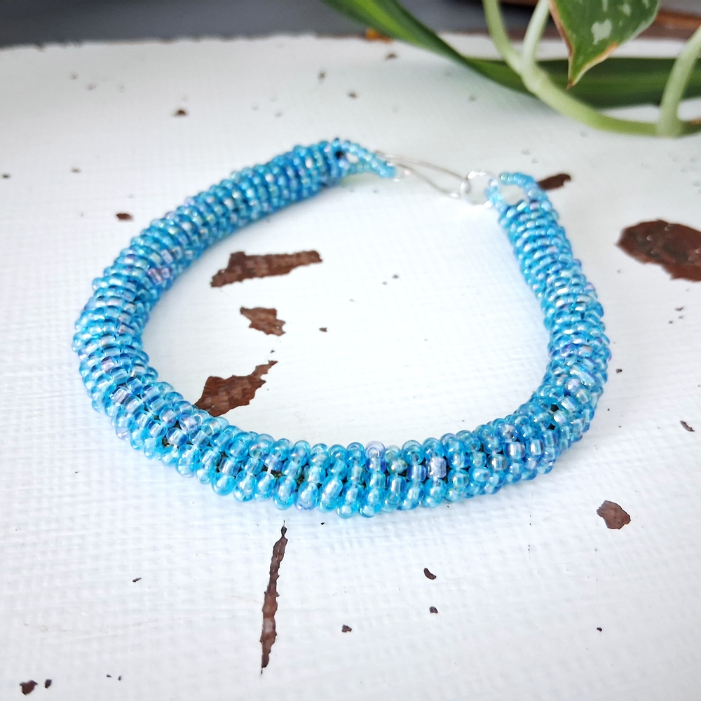 Blue Beaded Rope Bracelet, Seed Bead Jewelry, 8.5"